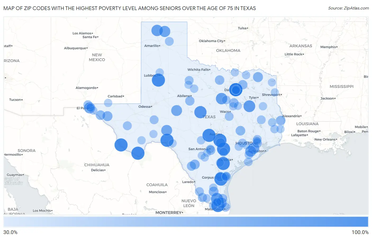 Zip Codes with the Highest Poverty Level Among Seniors Over the Age of 75 in Texas Map