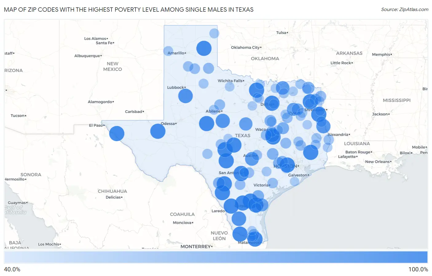 Zip Codes with the Highest Poverty Level Among Single Males in Texas Map