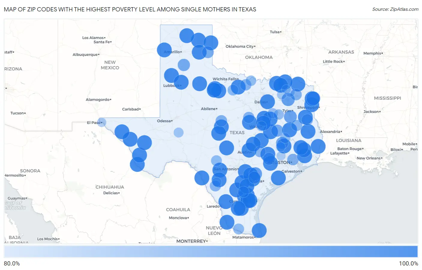 Zip Codes with the Highest Poverty Level Among Single Mothers in Texas Map