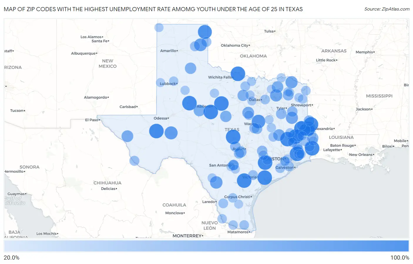 Zip Codes with the Highest Unemployment Rate Amomg Youth Under the Age of 25 in Texas Map