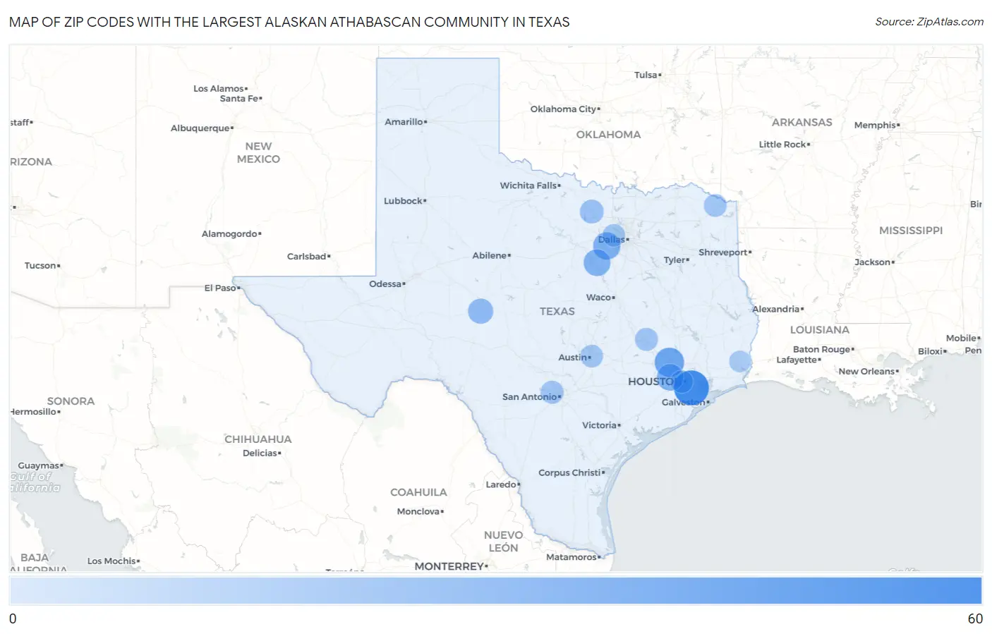 Zip Codes with the Largest Alaskan Athabascan Community in Texas Map