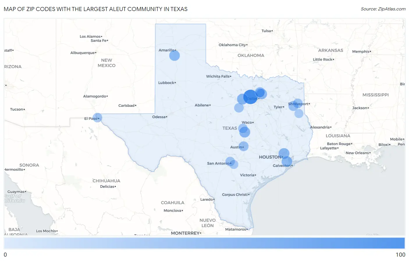 Zip Codes with the Largest Aleut Community in Texas Map