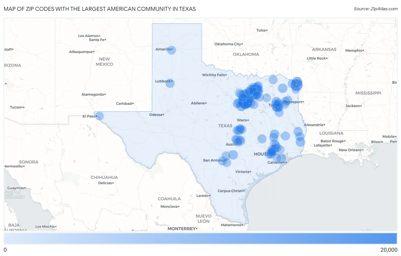 Zip Codes with the Largest American Community in Texas Map