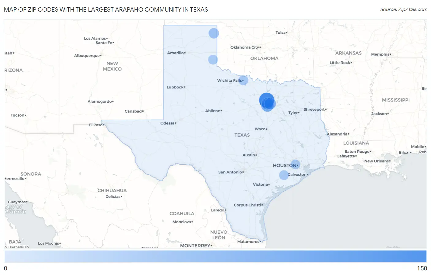Zip Codes with the Largest Arapaho Community in Texas Map