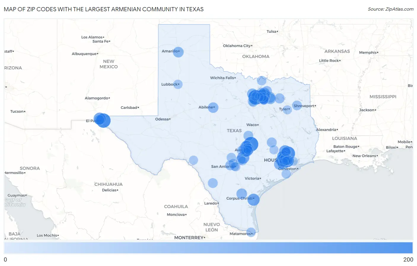 Zip Codes with the Largest Armenian Community in Texas Map