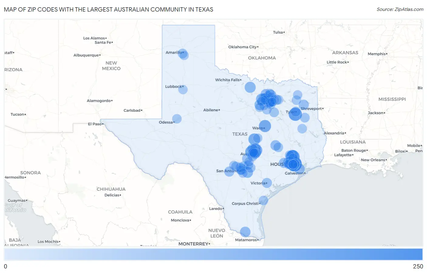 Zip Codes with the Largest Australian Community in Texas Map