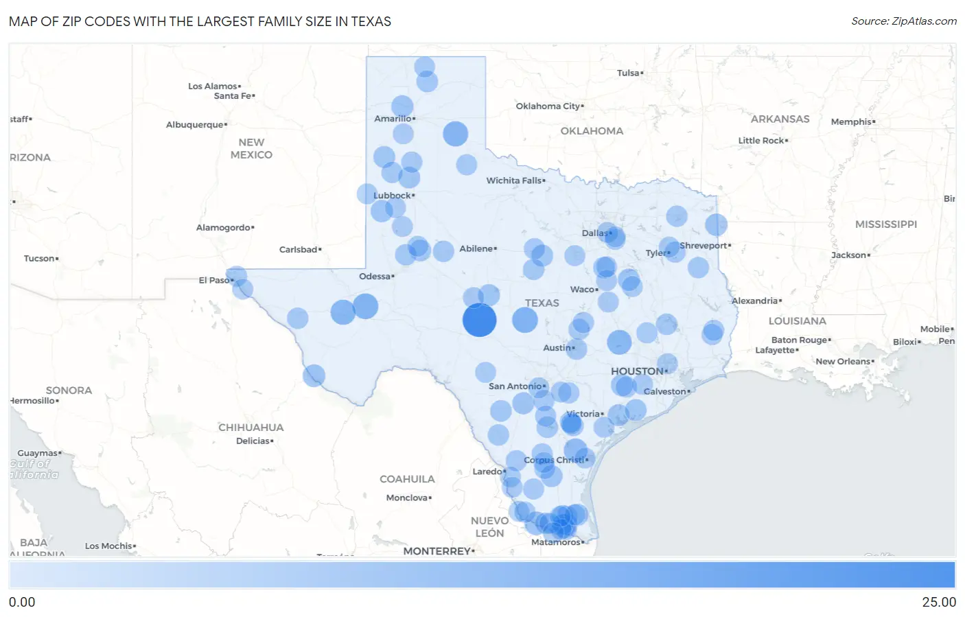 Zip Codes with the Largest Family Size in Texas Map