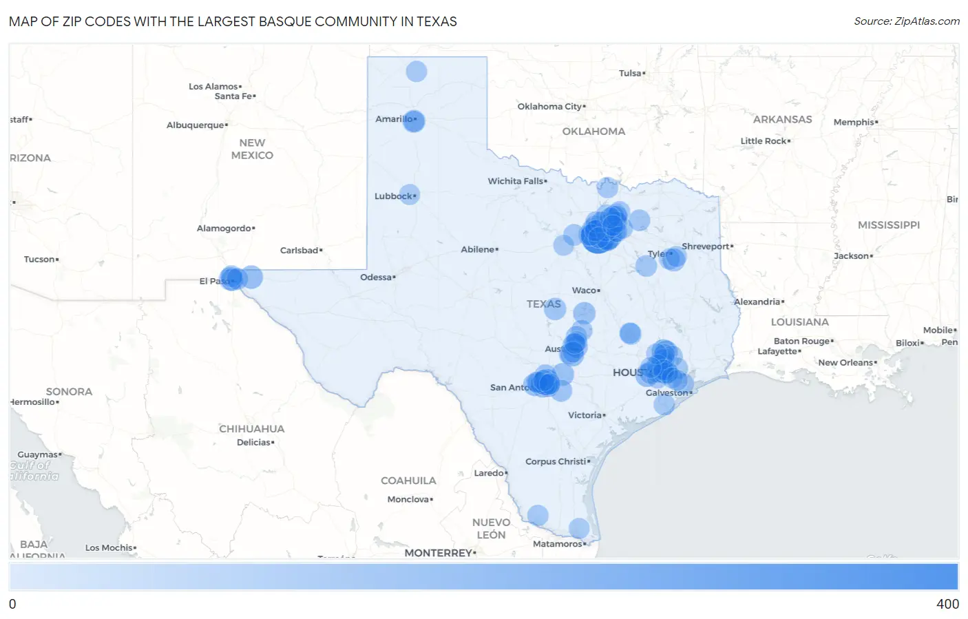 Zip Codes with the Largest Basque Community in Texas Map