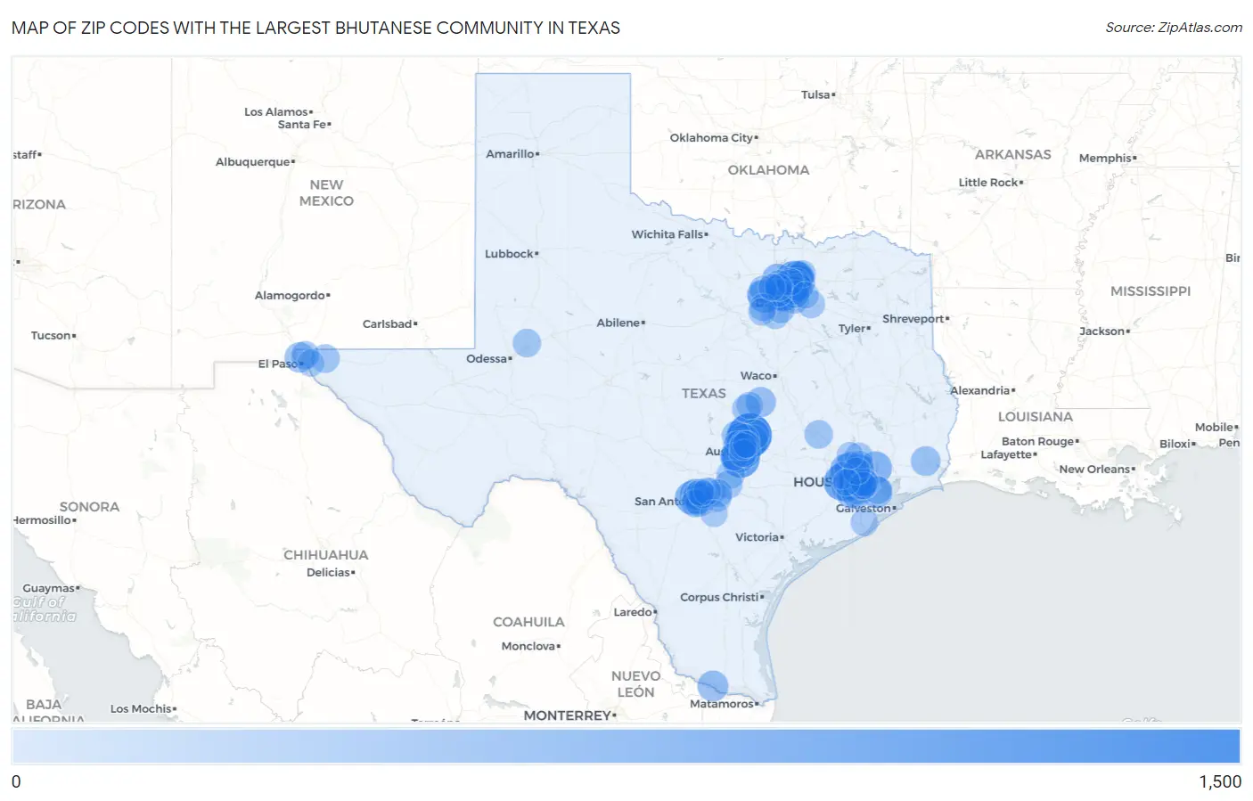 Zip Codes with the Largest Bhutanese Community in Texas Map