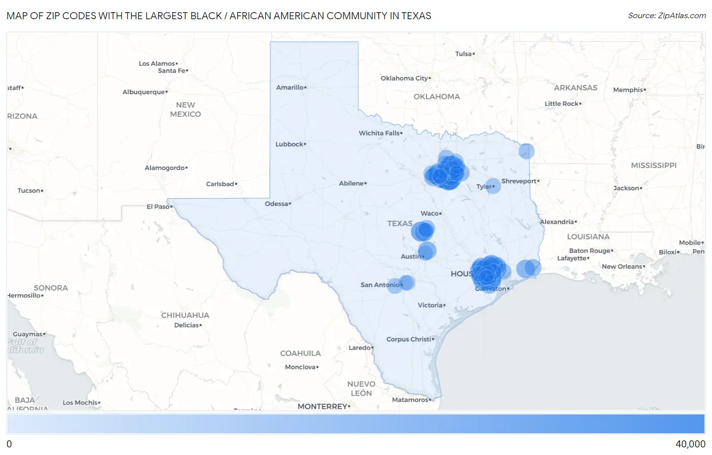 Zip Codes with the Largest Black / African American Community in Texas Map