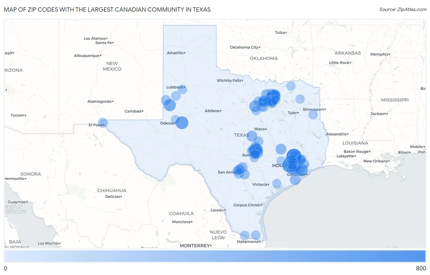 Zip Codes with the Largest Canadian Community in Texas Map