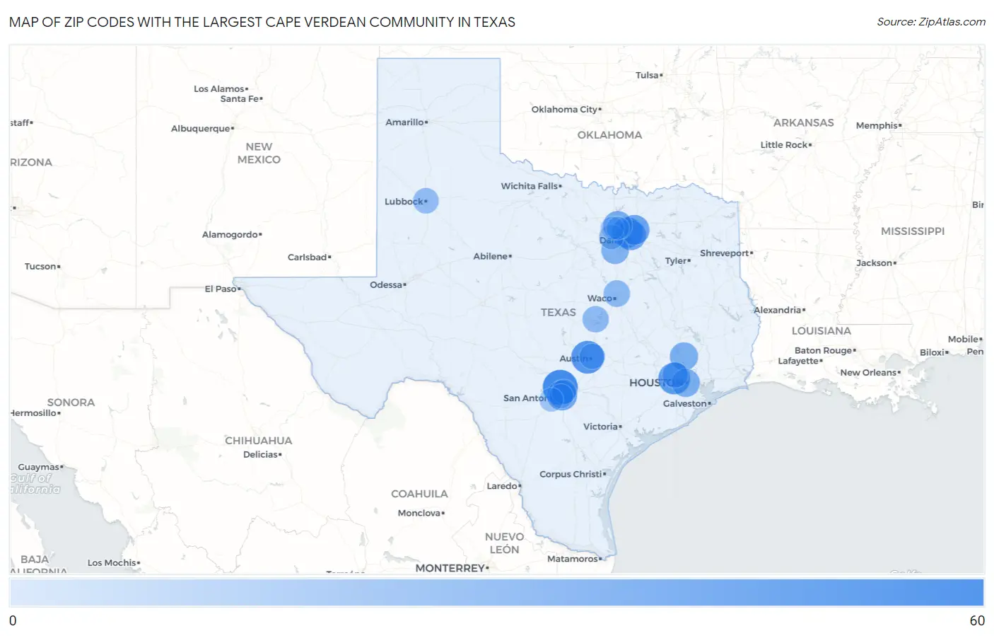 Zip Codes with the Largest Cape Verdean Community in Texas Map