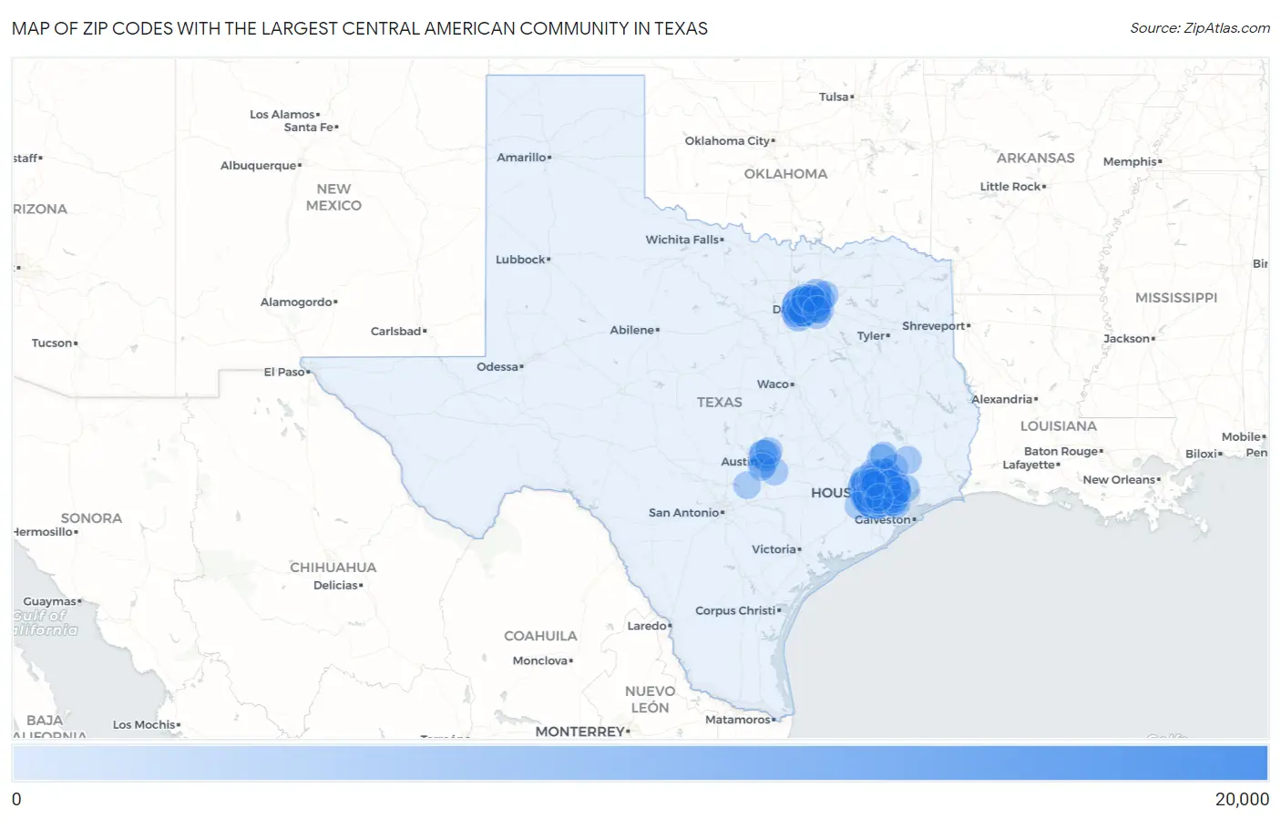 Zip Codes with the Largest Central American Community in Texas Map