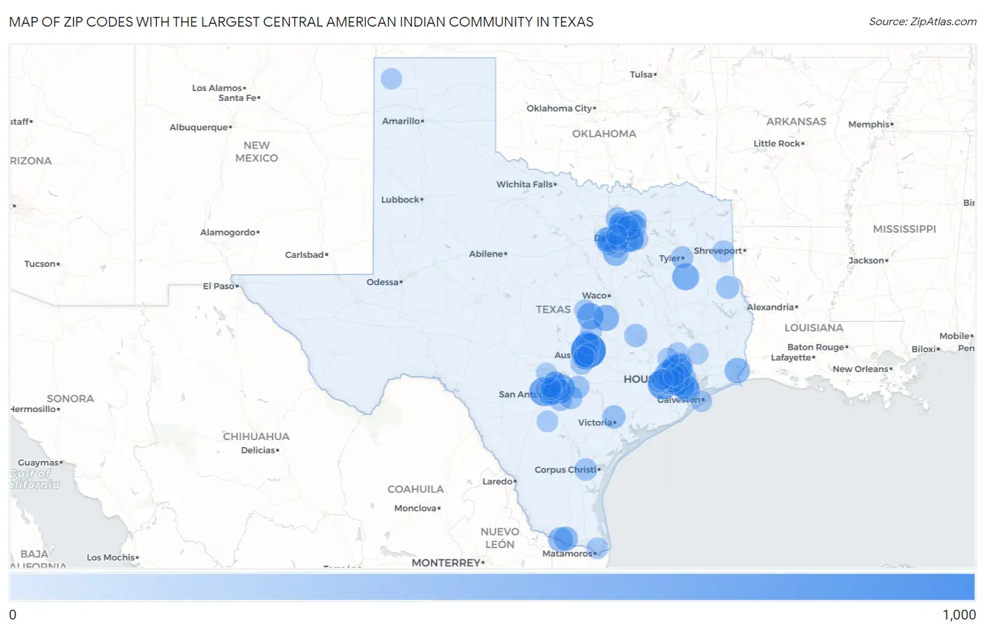 Zip Codes with the Largest Central American Indian Community in Texas Map