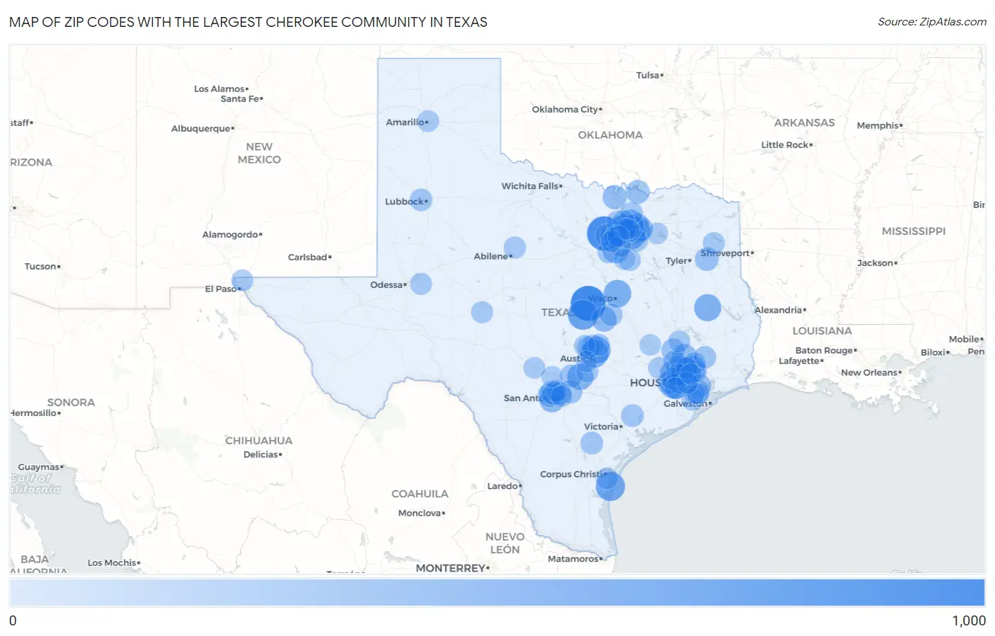 Zip Codes with the Largest Cherokee Community in Texas Map