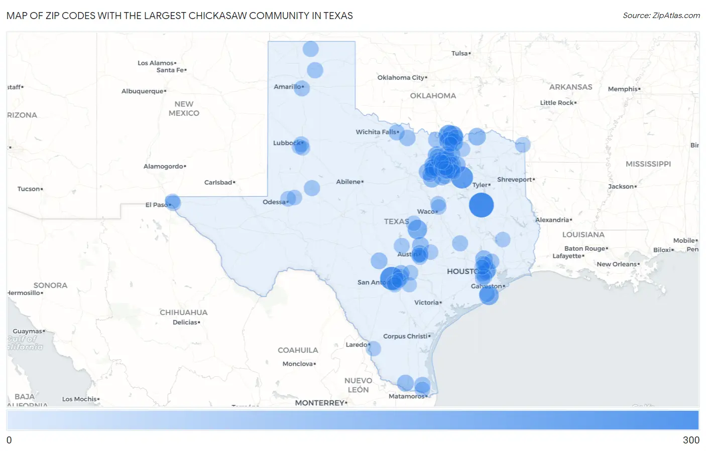 Zip Codes with the Largest Chickasaw Community in Texas Map