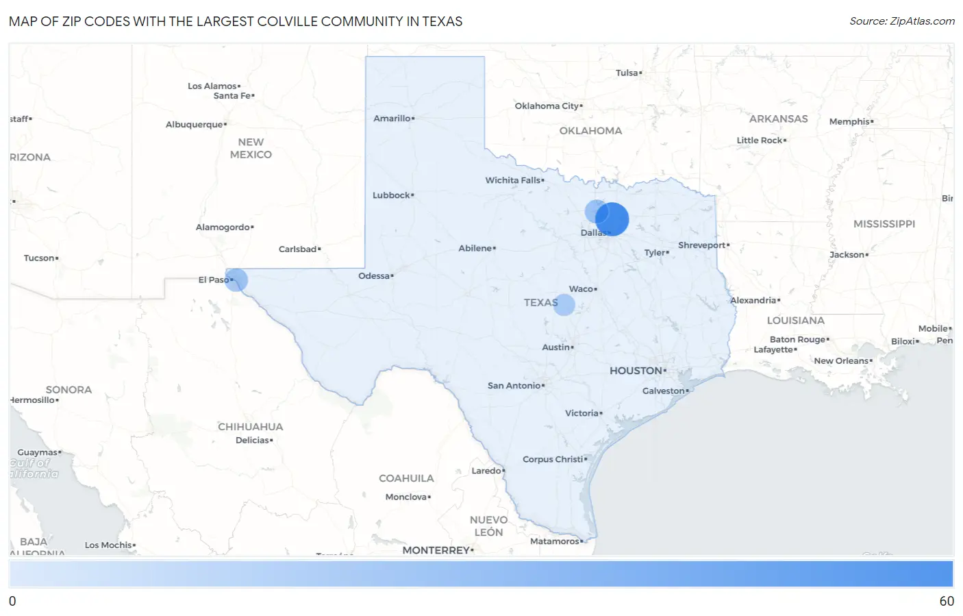 Zip Codes with the Largest Colville Community in Texas Map