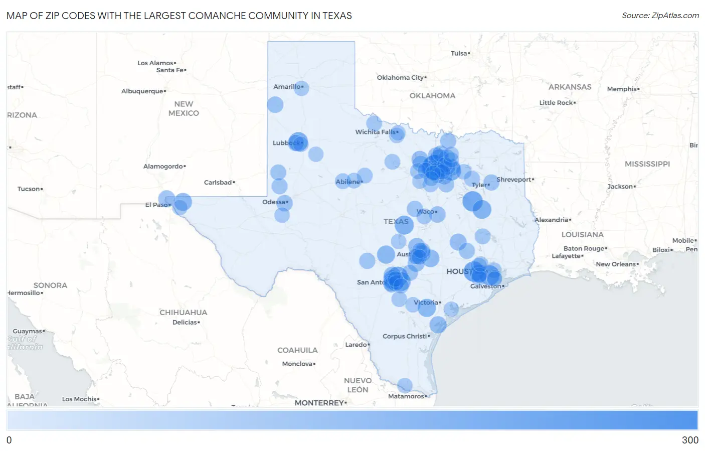 Zip Codes with the Largest Comanche Community in Texas Map