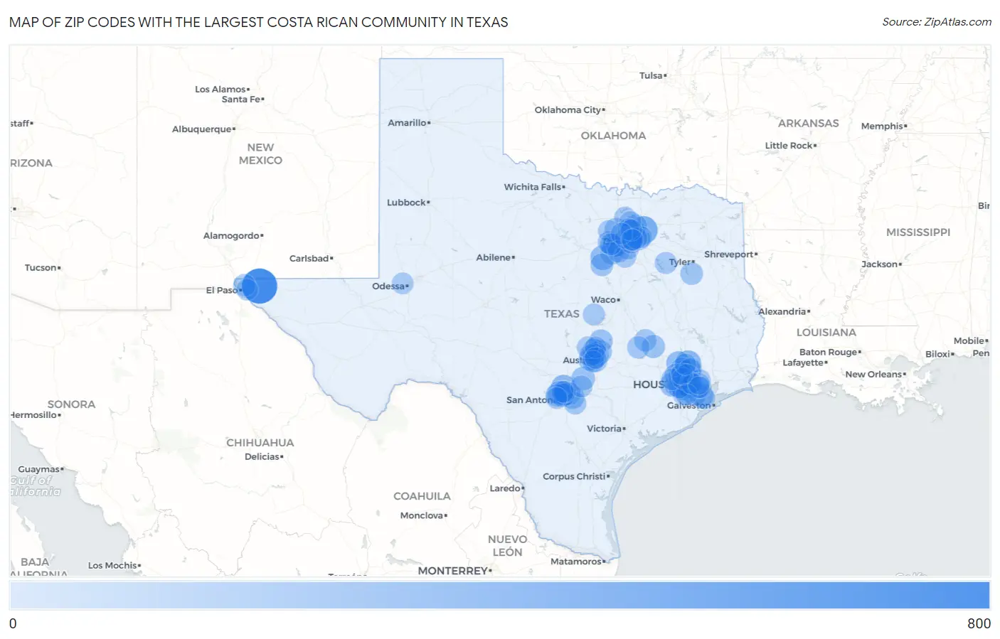 Zip Codes with the Largest Costa Rican Community in Texas Map