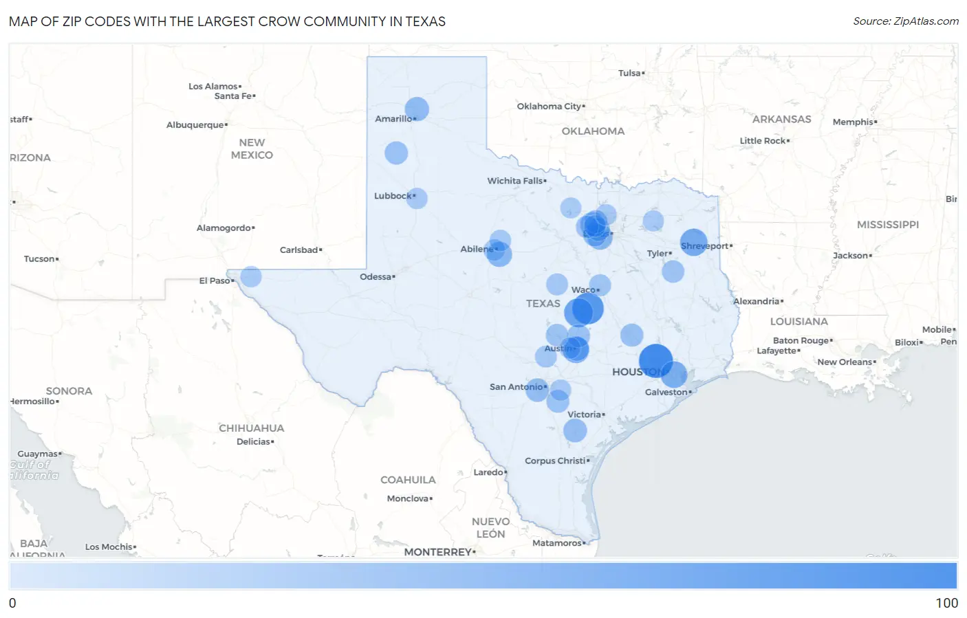 Zip Codes with the Largest Crow Community in Texas Map