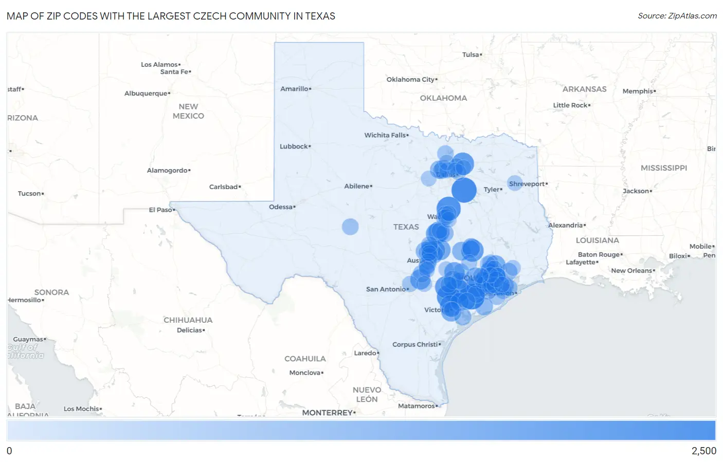 Zip Codes with the Largest Czech Community in Texas Map