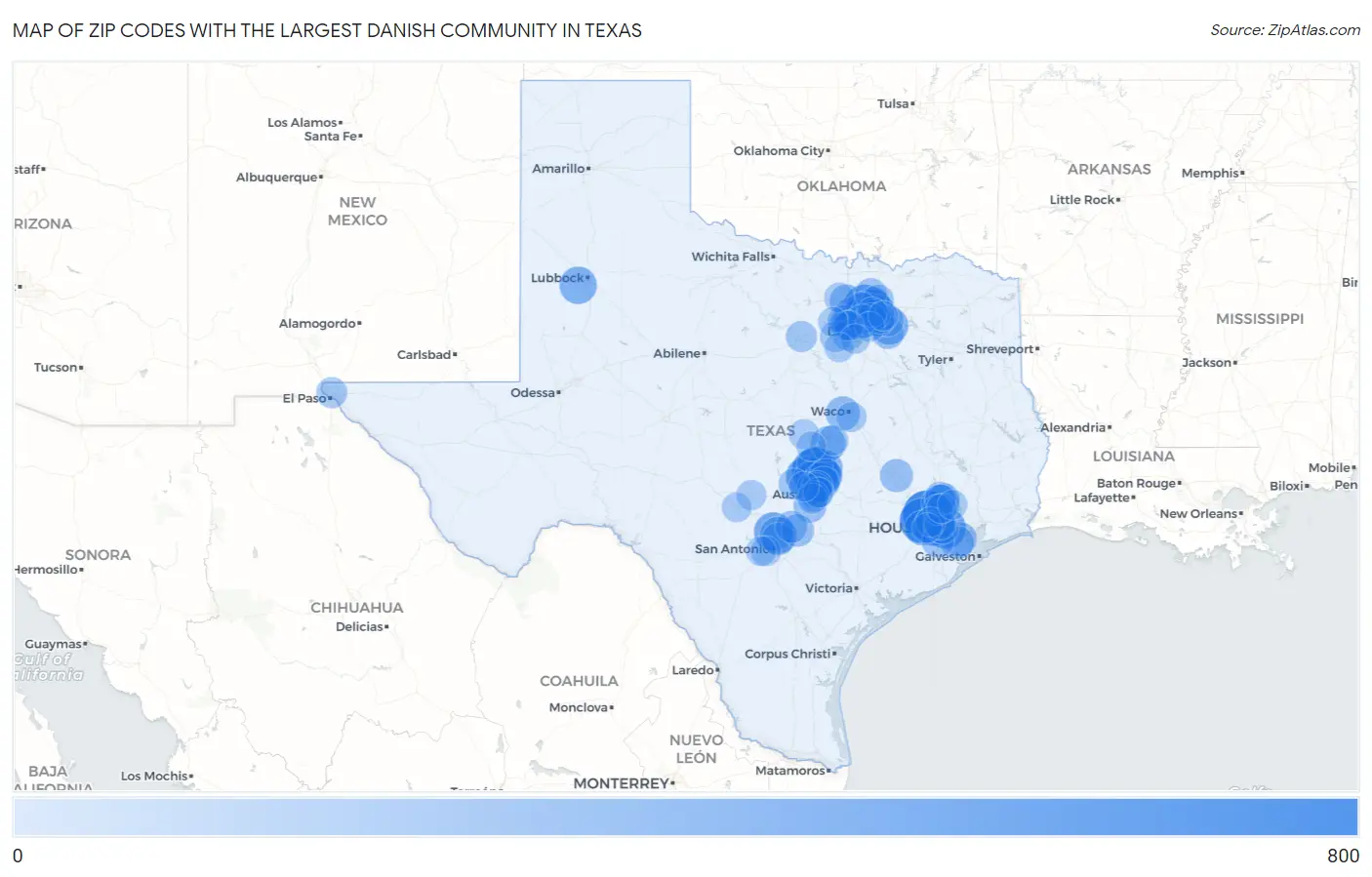 Zip Codes with the Largest Danish Community in Texas Map