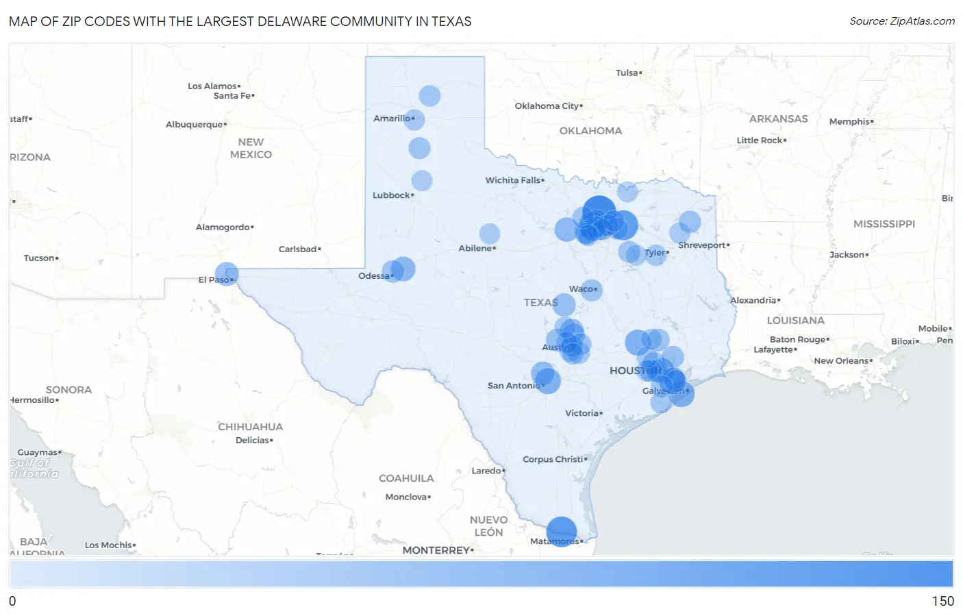 Zip Codes with the Largest Delaware Community in Texas Map