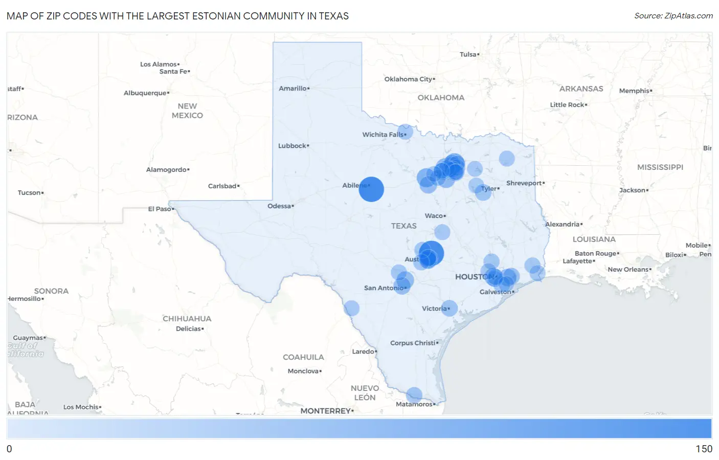 Zip Codes with the Largest Estonian Community in Texas Map
