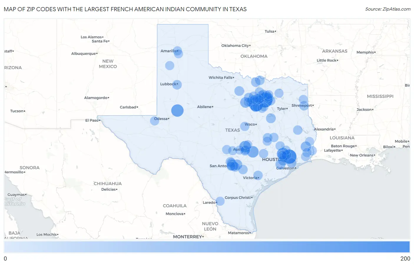 Zip Codes with the Largest French American Indian Community in Texas Map
