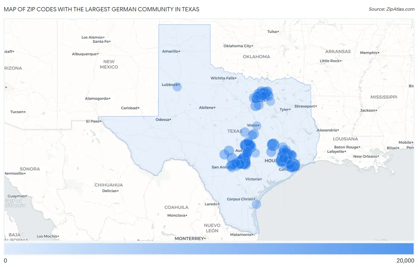 Zip Codes with the Largest German Community in Texas Map