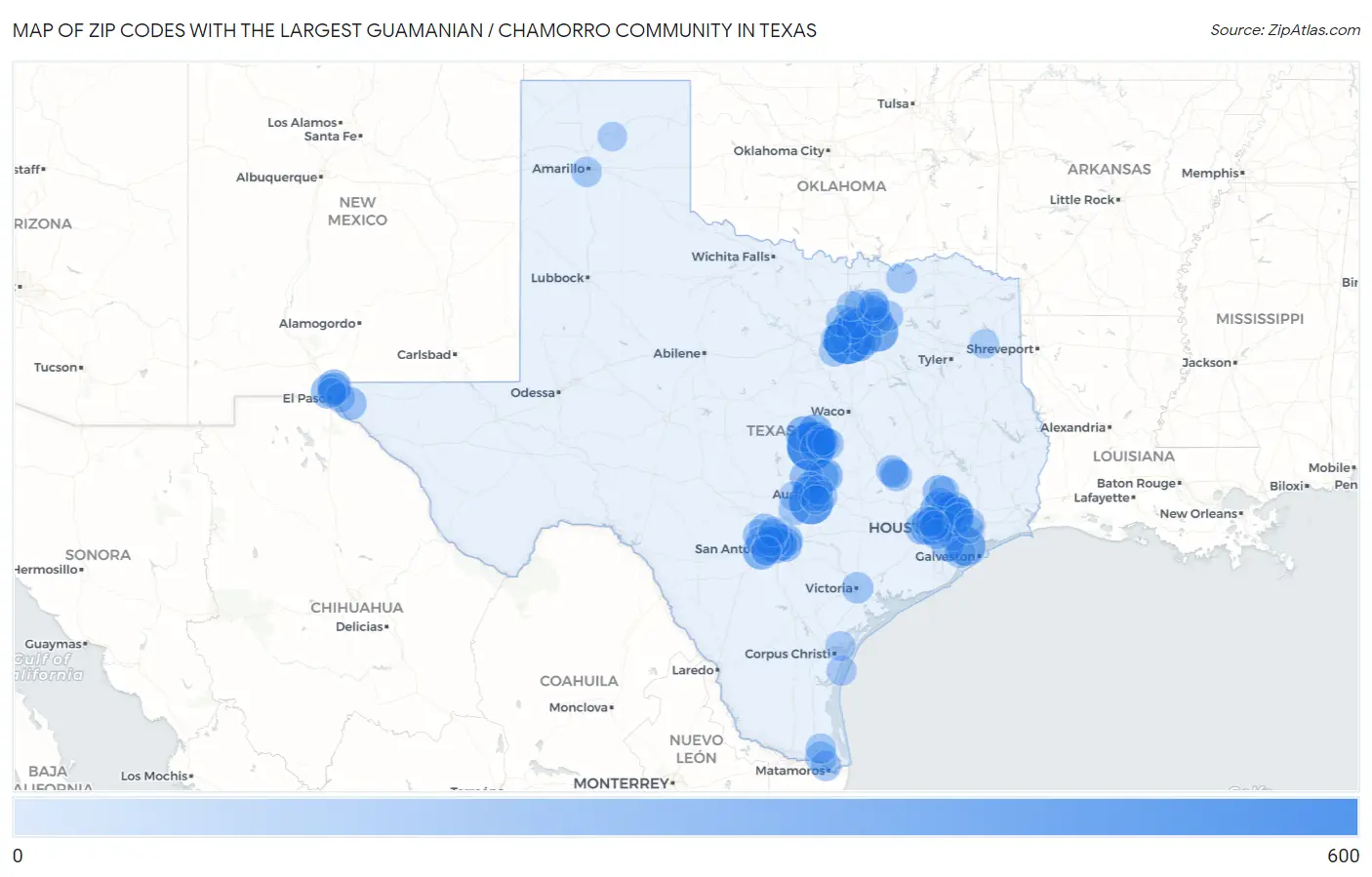 Zip Codes with the Largest Guamanian / Chamorro Community in Texas Map