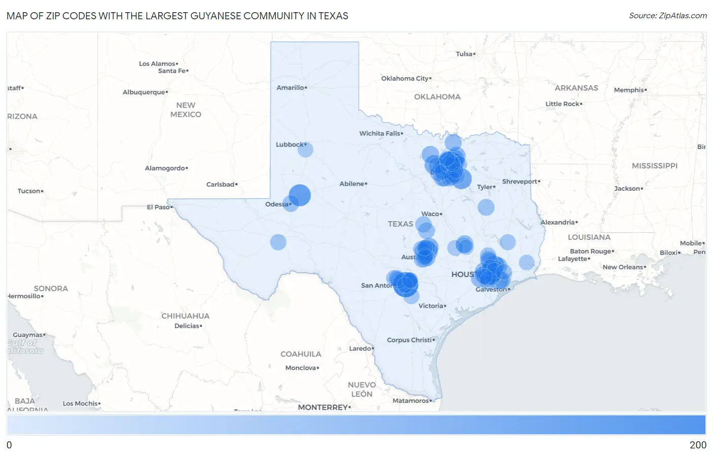 Zip Codes with the Largest Guyanese Community in Texas Map