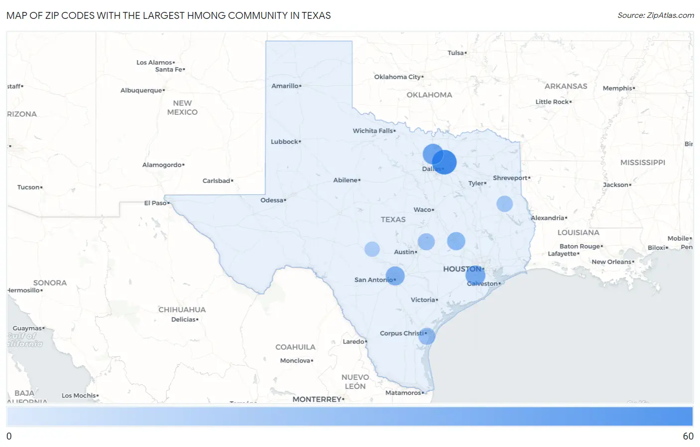 Zip Codes with the Largest Hmong Community in Texas Map
