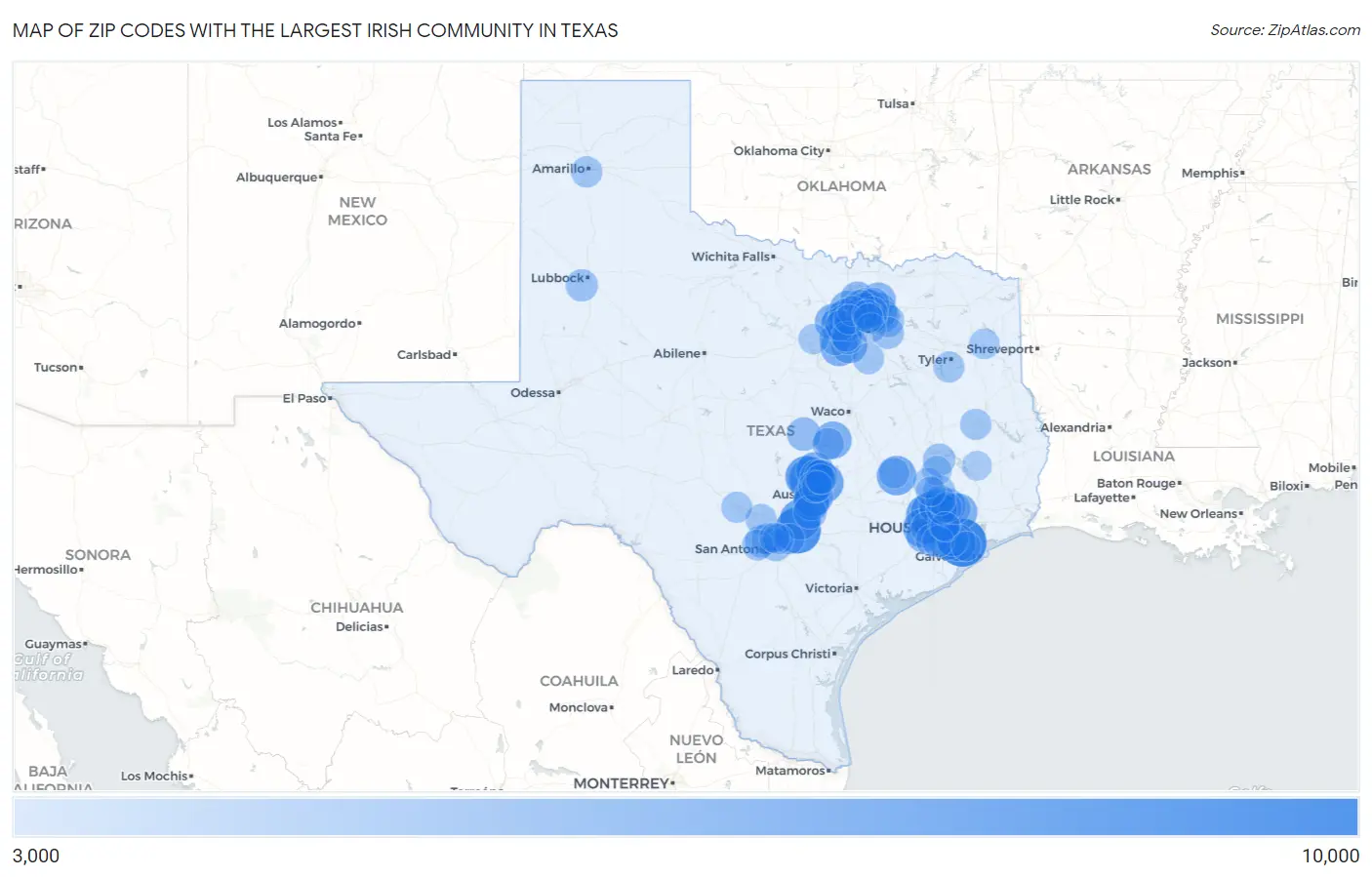 Zip Codes with the Largest Irish Community in Texas Map