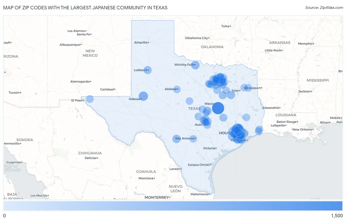 Zip Codes with the Largest Japanese Community in Texas Map