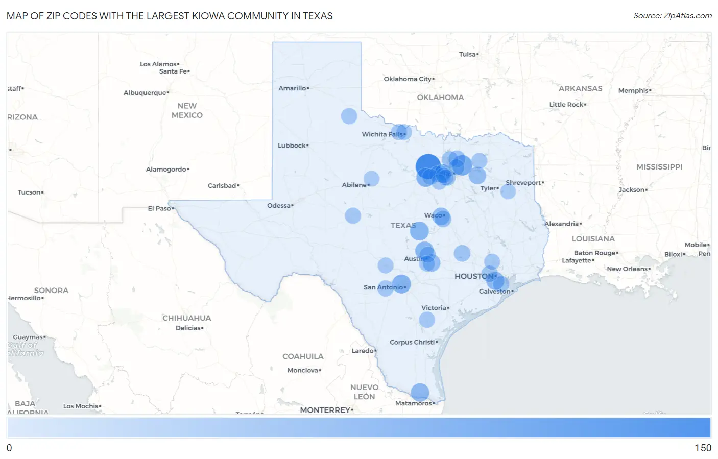 Zip Codes with the Largest Kiowa Community in Texas Map