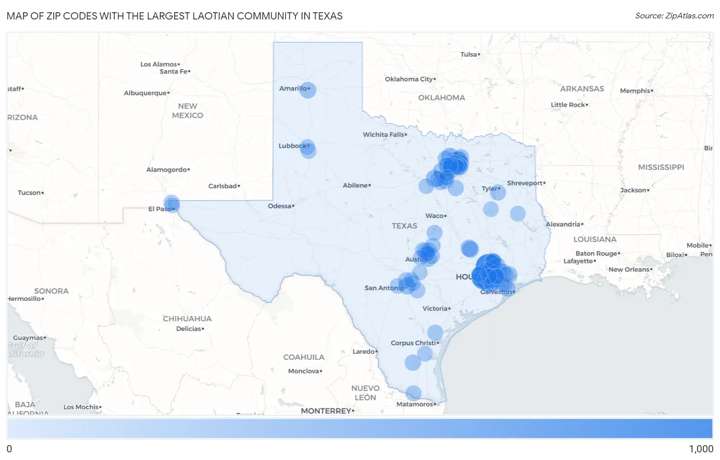 Zip Codes with the Largest Laotian Community in Texas Map