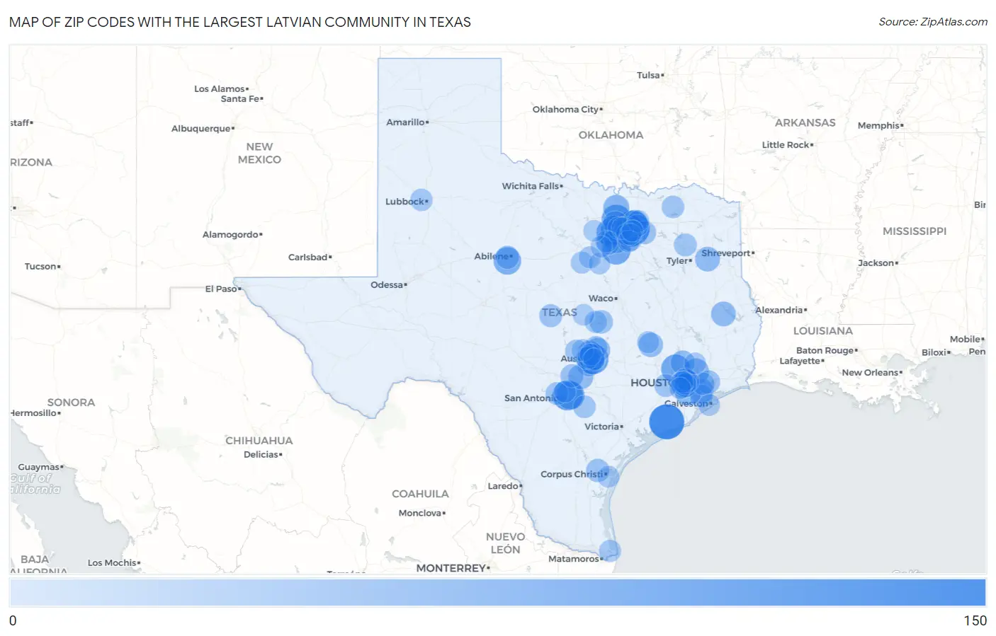Zip Codes with the Largest Latvian Community in Texas Map