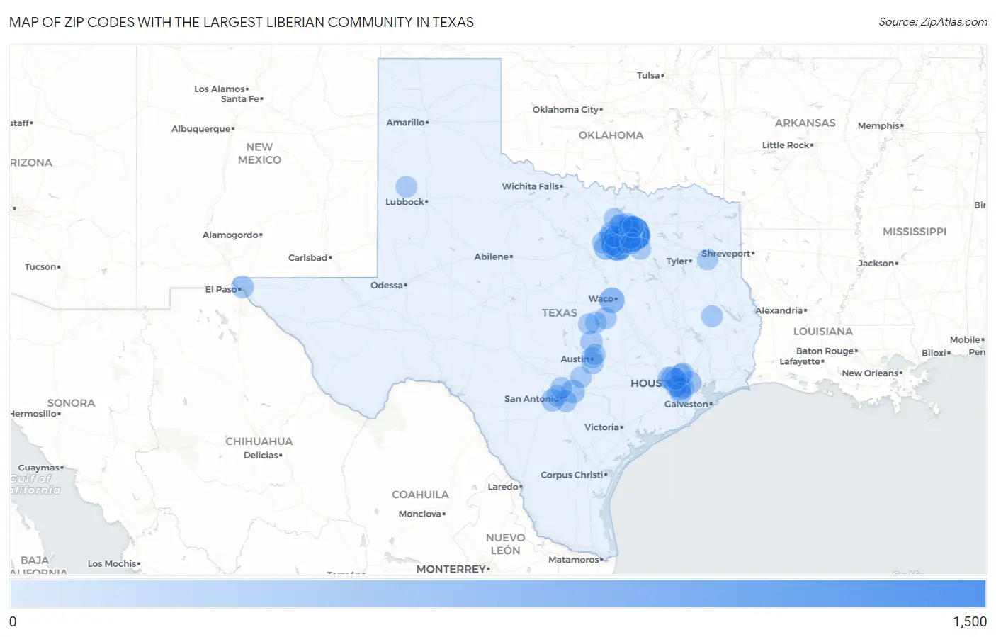 Zip Codes with the Largest Liberian Community in Texas Map
