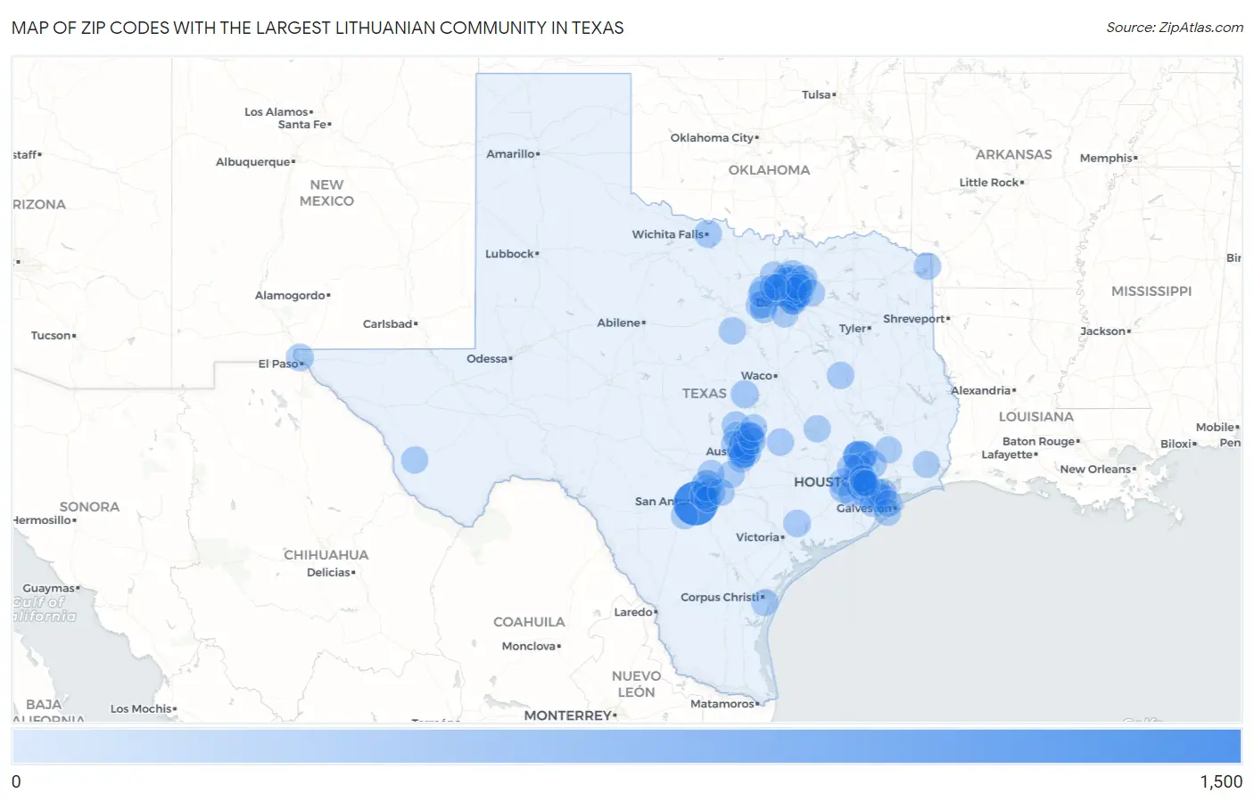 Zip Codes with the Largest Lithuanian Community in Texas Map