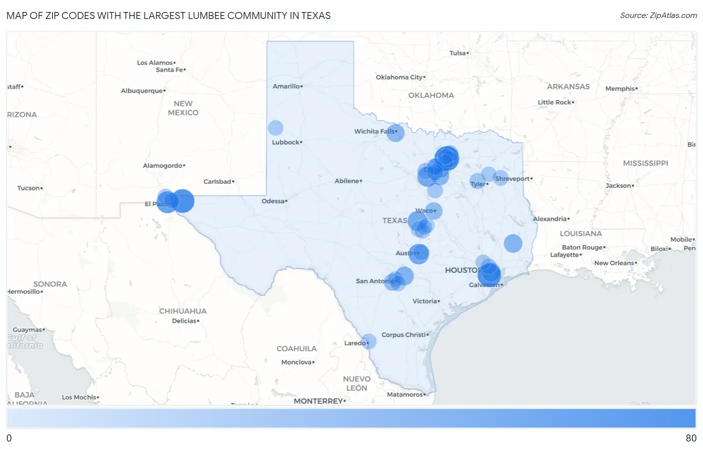 Zip Codes with the Largest Lumbee Community in Texas Map