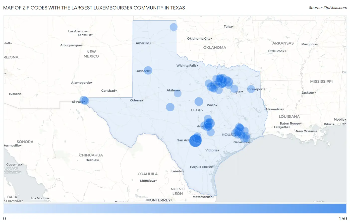 Zip Codes with the Largest Luxembourger Community in Texas Map