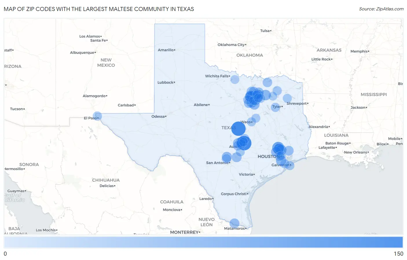 Zip Codes with the Largest Maltese Community in Texas Map