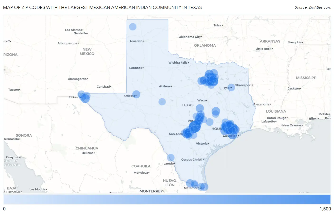 Zip Codes with the Largest Mexican American Indian Community in Texas Map