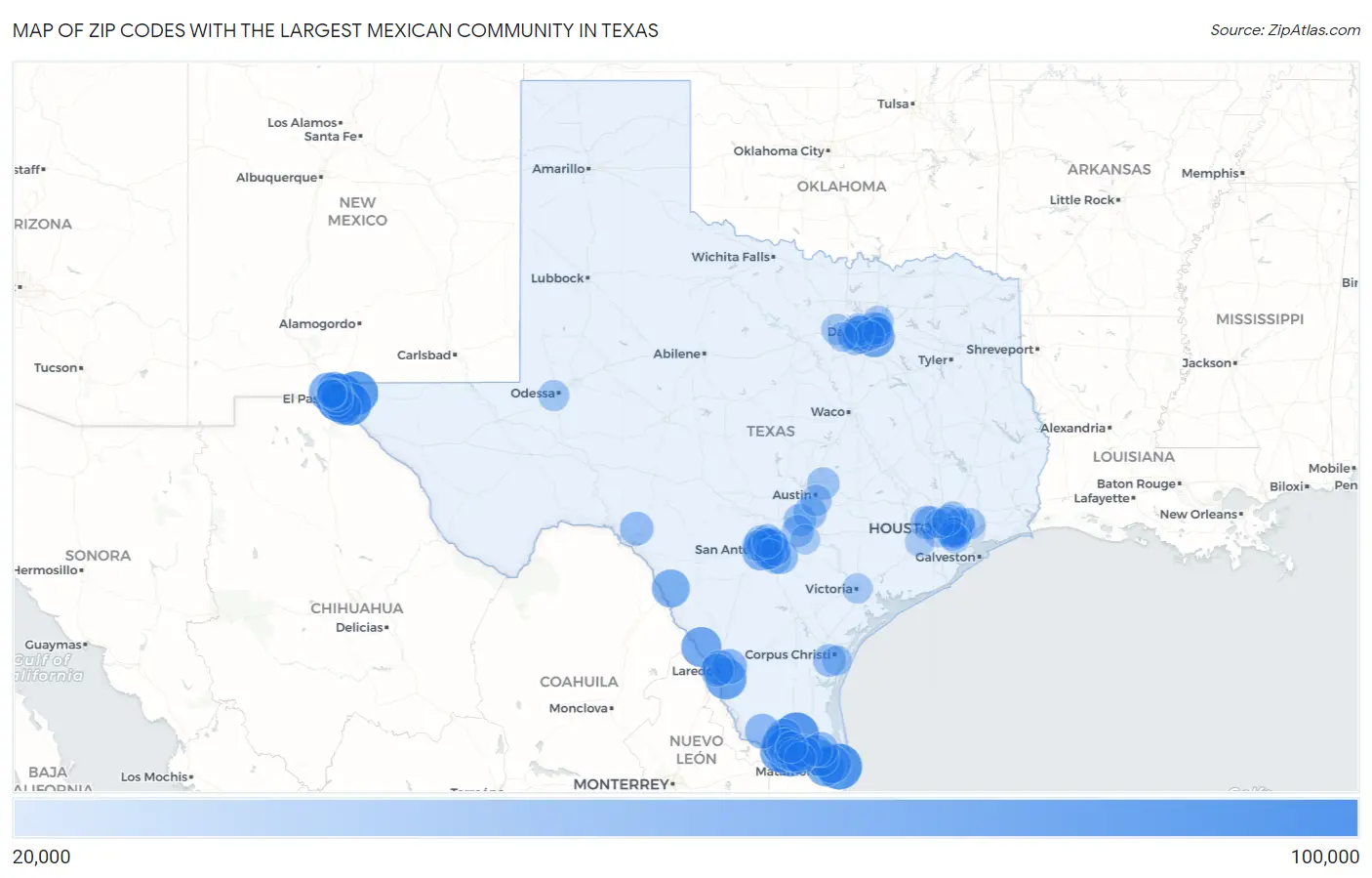 Zip Codes with the Largest Mexican Community in Texas Map