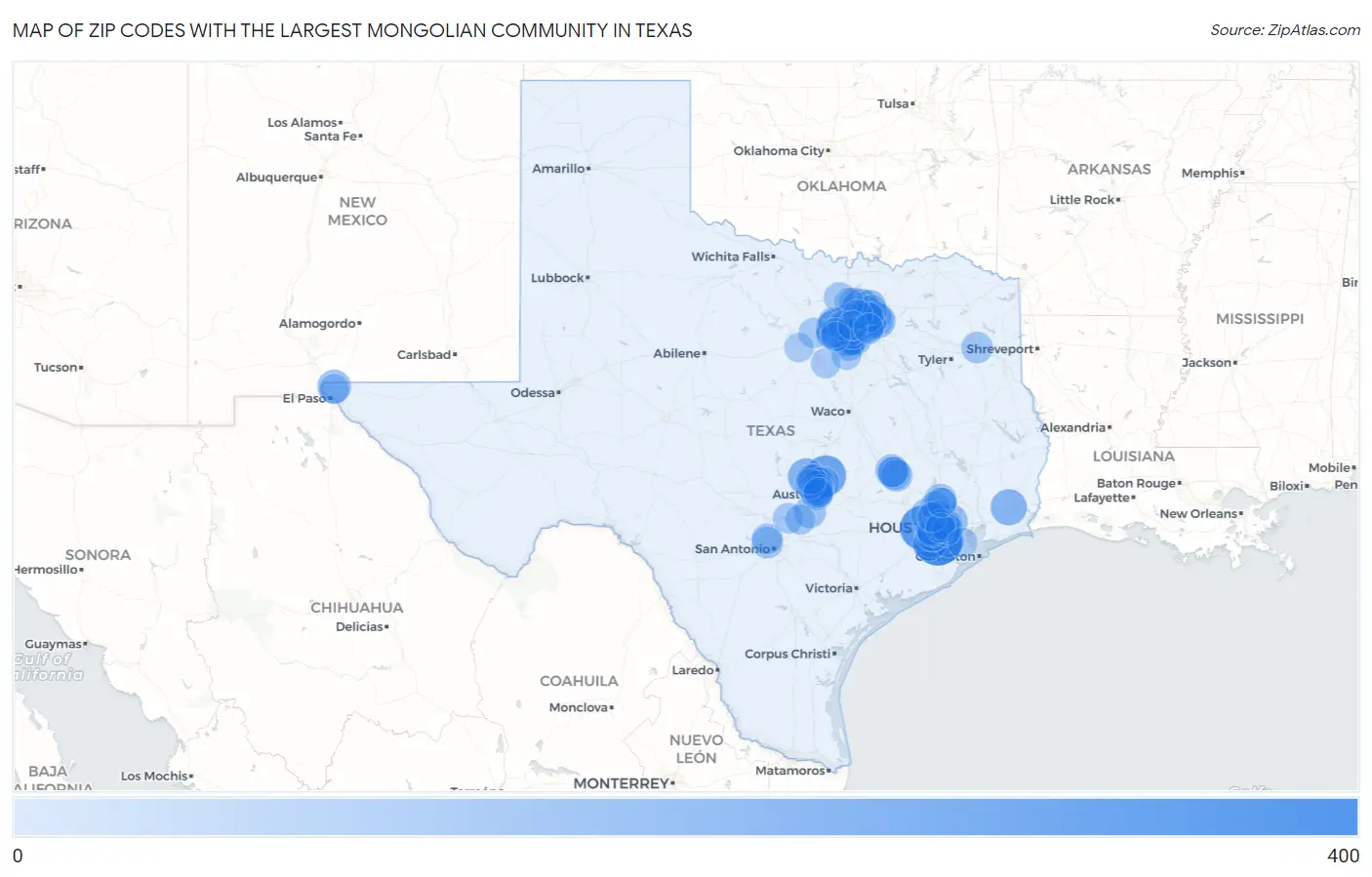 Zip Codes with the Largest Mongolian Community in Texas Map