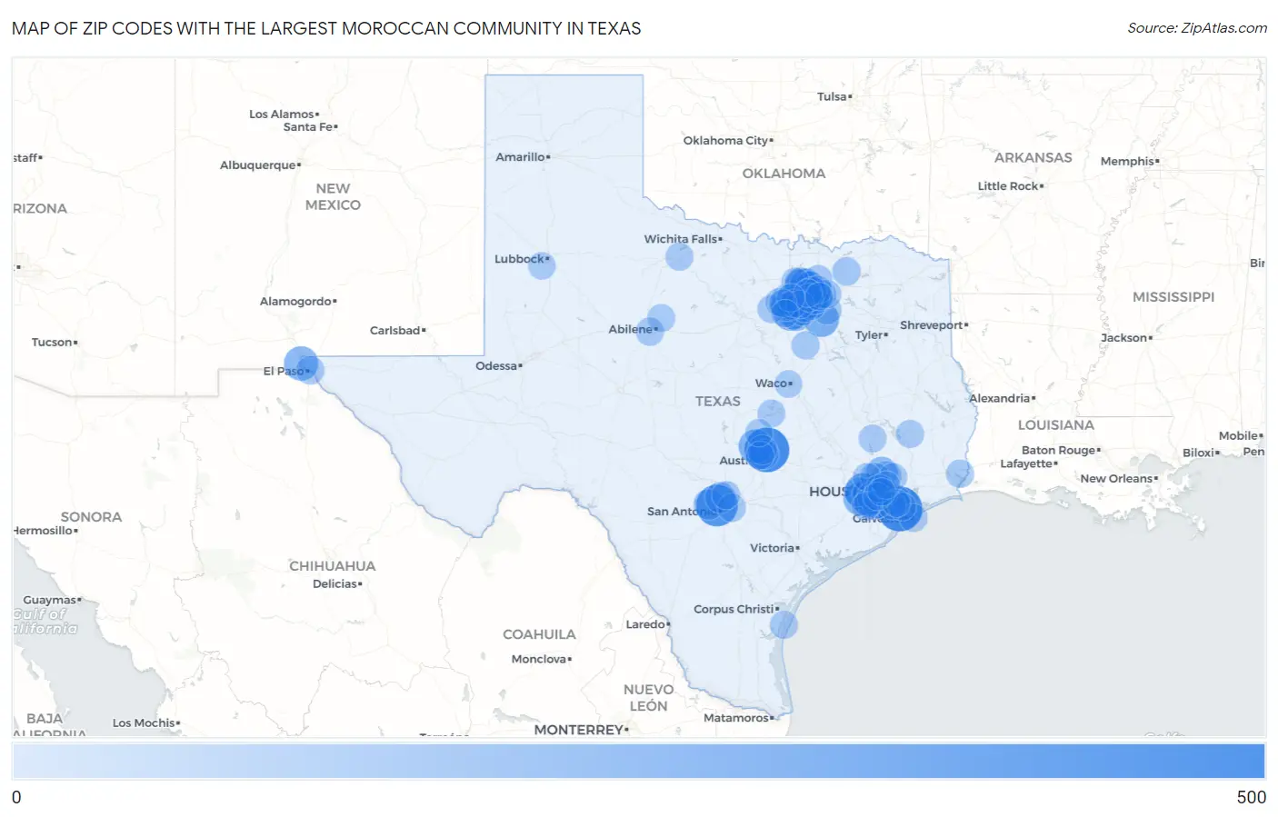 Zip Codes with the Largest Moroccan Community in Texas Map