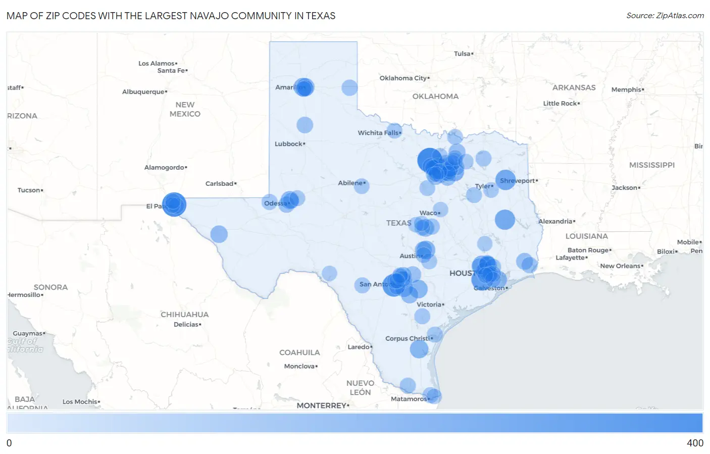 Zip Codes with the Largest Navajo Community in Texas Map