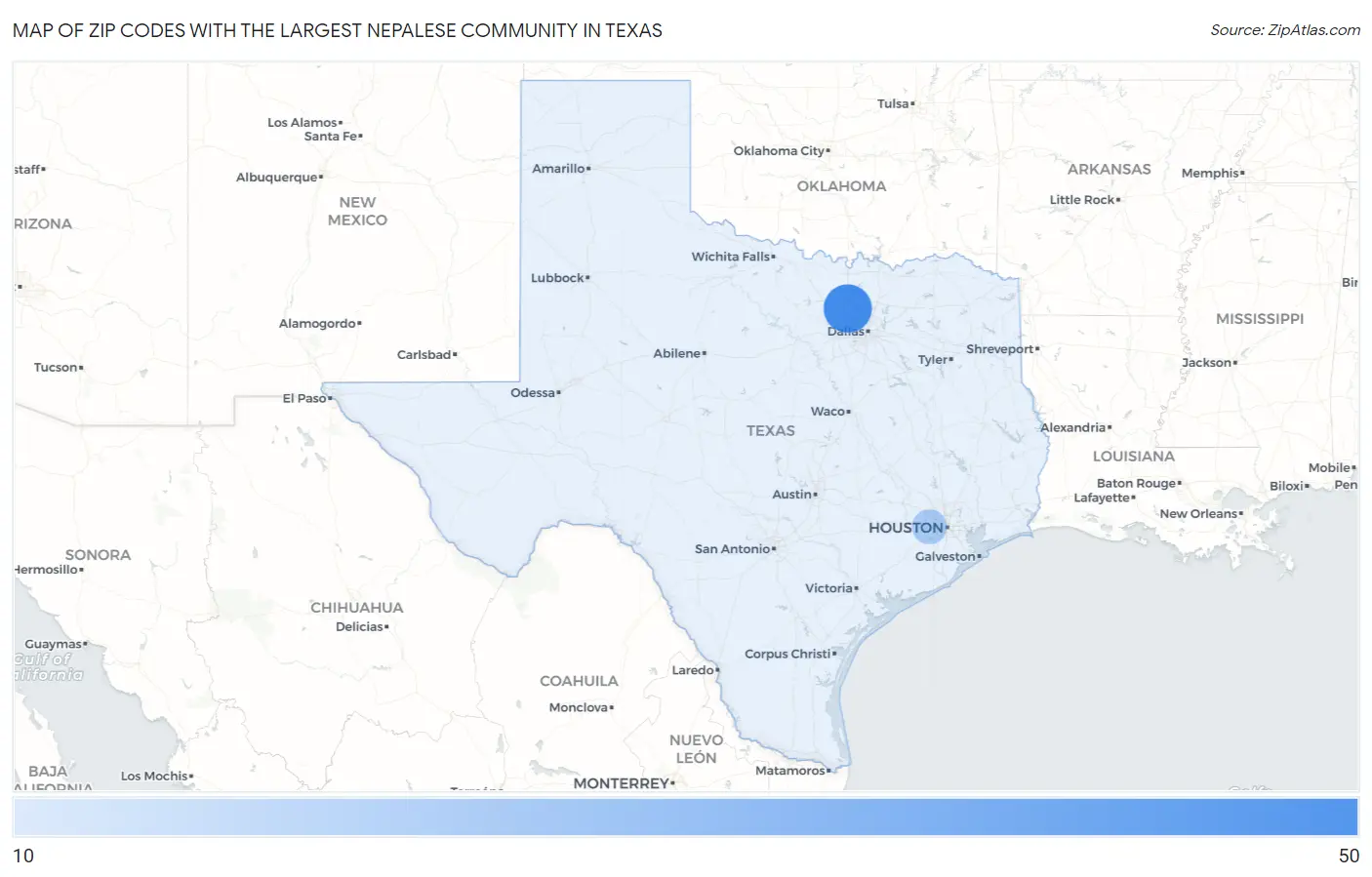 Zip Codes with the Largest Nepalese Community in Texas Map