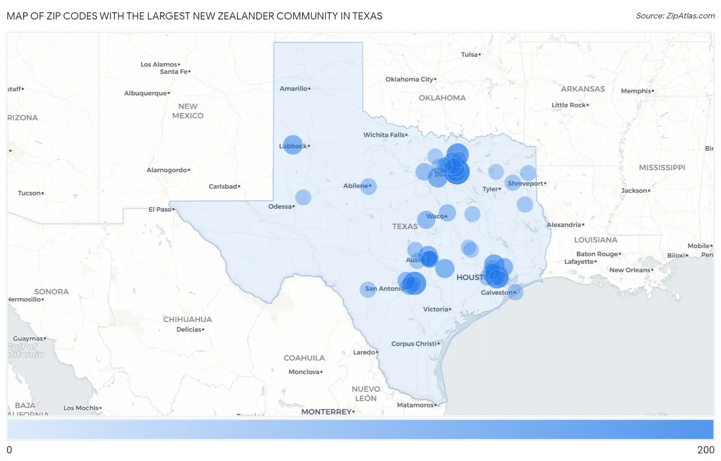 Zip Codes with the Largest New Zealander Community in Texas Map